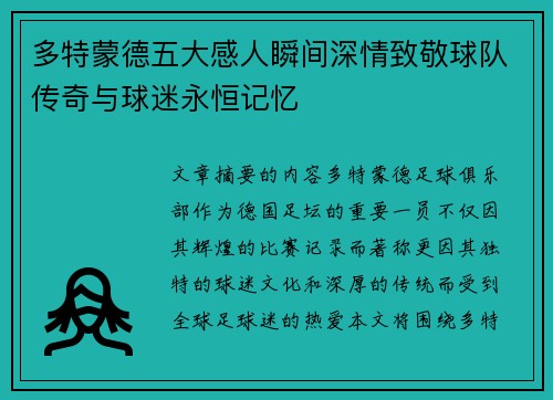 多特蒙德五大感人瞬间深情致敬球队传奇与球迷永恒记忆